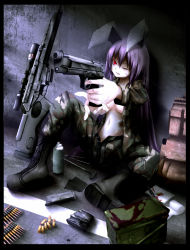 Rule 34 | 1girl, aiming, alternate costume, ammunition box, ammunition, animal ears, bandages, beretta 92, blood, boots, breasts, bullet, rabbit ears, cartridge, cleavage, clip (weapon), contemporary, cross-laced footwear, female focus, gun, handgun, left-handed, long hair, maeda kousuke, magazine (weapon), military, military uniform, no bra, one eye closed, open clothes, open fly, open shirt, pistol, purple hair, red eyes, reisen udongein inaba, rifle, scope, shirt, sitting, sniper rifle, solo, spray can, touhou, underboob, uniform, unzipped, weapon, wink