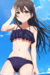 Rule 34 | 1girl, bang dream!, bikini, black hair, blush, from below, gluteal fold, green eyes, groin, hair between eyes, hanazono tae, hand in own hair, hand up, highres, lens flare, long hair, looking at viewer, navel, noshimurin, outdoors, sky, smile, solo, swimsuit, wading, water, wet