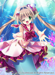 Rule 34 | 1girl, blush, bow, bowtie, bubble, cardfight!! vanguard, company name, coral, fins, green eyes, hair ornament, hairclip, hat, head fins, heart, long hair, mermaid, midriff, monster girl, navel, official art, one eye closed, prism-image vert, sailor collar, tanihara natsuki, twintails, underwater
