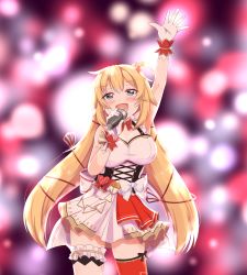 Rule 34 | 1girl, akai haato, blonde hair, blue eyes, blush, breasts, bridal garter, cleavage, commentary request, corset, cowboy shot, gloves, hair ornament, hair ribbon, hair scrunchie, heart, heart hair ornament, highres, holding, holding microphone, hololive, idol, konsune (tengerium), large breasts, long hair, microphone, music, official alternate costume, open mouth, red thighhighs, ribbon, scrunchie, sidelocks, singing, single thighhigh, skirt, smile, solo, standing, thighhighs, virtual youtuber, white gloves