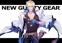 Rule 34 | 1boy, belt, black pants, black shirt, blonde hair, blue eyes, blue gloves, closed mouth, collarbone, commentary, copyright name, cowboy shot, fingernails over gloves, gloves, guilty gear, guilty gear strive, hair between eyes, highres, holding, holding weapon, holster, jacket, jacket on shoulders, ky kiske, letterboxed, long sleeves, looking at viewer, male focus, manly, ogata tomio, pants, partially fingerless gloves, pectoral cleavage, pectorals, shirt, short hair, simple background, solo, weapon, white background, white jacket