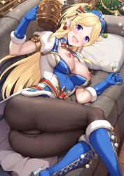 Rule 34 | 1girl, blonde hair, blush, breasts, breasts out, highres, large breasts, long hair, looking at viewer, lying, nipples, on side, open mouth, panties, panties under pantyhose, pantyhose, princess connect!, purple eyes, sayika, smile, solo, underwear, yukari (princess connect!)