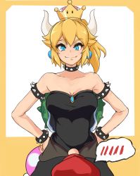 Rule 34 | 1boy, 1girl, armlet, black dress, blonde hair, blue eyes, blush, bowsette, breasts, cabbie hat, cleavage, crown, dress, earrings, fang, fang out, forked eyebrows, hands on own hips, hat, highres, horns, jewelry, looking up, mario, mario (series), new super mario bros. u deluxe, nintendo, nose, smile, spiked armlet, spikes, strapless, strapless dress, super crown, thought bubble, tsunemuku sakami