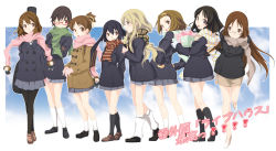 Rule 34 | 6+girls, akaho sakura, akiyama mio, coat, everyone, hirasawa ui, hirasawa yui, k-on!, kotobuki tsumugi, manabe nodoka, multiple girls, nakano azusa, pantyhose, scarf, skirt, tainaka ritsu, yamanaka sawako