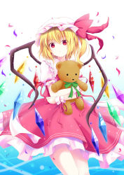 Rule 34 | 1girl, :o, arm garter, ascot, blonde hair, cowboy shot, crystal, hugging doll, flandre scarlet, frilled shirt collar, frills, gradient background, hat, hat ribbon, highres, kure~pu, looking at viewer, mob cap, hugging object, puffy short sleeves, puffy sleeves, red eyes, red ribbon, red shirt, red skirt, ribbon, shirt, short sleeves, side ponytail, skirt, skirt set, solo, stuffed animal, stuffed toy, teddy bear, touhou, wings, wrist cuffs