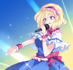 Rule 34 | 1girl, :d, alice margatroid, blonde hair, blue dress, blue eyes, bow, capelet, dress, frills, gradient background, hair between eyes, headband, highres, ichimura kanata, microphone, music, open mouth, outstretched hand, red bow, red headwear, red neckwear, red ribbon, ribbon, short hair, short sleeves, singing, smile, solo, sparkle, touhou, wrist cuffs