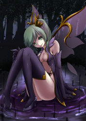 Rule 34 | 1girl, commentary, daiyousei, dark persona, darkness, elbow gloves, empty eyes, fairy, fairy wings, forest, gloves, gold trim, green eyes, green hair, hand on own knee, high heels, highres, inyuppo, latex, latex gloves, looking at viewer, nature, revealing clothes, shiny clothes, sitting, smile, solo, touhou, wings