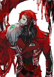 Rule 34 | blood, blue eyes, coat, extra eyes, extra teeth, flesh, green eyes, horns, lobotomy corporation, long sleeves, nishikujic, nothing there, personification, project moon, red coat, red hair, simple background, white background, wing collar
