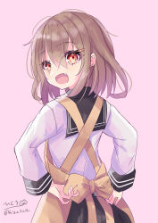 Rule 34 | 1girl, absurdres, apron, artist name, black sailor collar, black skirt, brown eyes, brown hair, commentary request, fang, from behind, grey background, hair between eyes, hair ornament, hairclip, highres, hizaka, ikazuchi (kancolle), kantai collection, looking at viewer, looking back, one-hour drawing challenge, open mouth, red eyes, sailor collar, school uniform, serafuku, shirt, short hair, skirt, solo, standing, white shirt, yellow apron