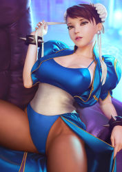 Rule 34 | 1girl, absurdres, blue leotard, bracelet, breasts, brown eyes, brown hair, bun cover, capcom, chun-li, collarbone, commentary, couch, covered erect nipples, double bun, earrings, eyeshadow, fingernails, hair bun, hand up, highleg, highleg leotard, highres, jewelry, leotard, lips, looking at viewer, makeup, medium breasts, misusart, open clothes, pantyhose, parted lips, pink lips, puffy short sleeves, puffy sleeves, r18superstar1986, realistic, short sleeves, simple background, sitting, solo, spiked bracelet, spikes, street fighter, street fighter ii (series)