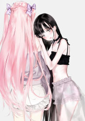 Rule 34 | 2girls, bare shoulders, black bra, black hair, bloomers, blouse, blush, bow, bra, closed mouth, frilled bra, frilled skirt, frills, from side, grey background, grey eyes, grey shirt, hair bow, half-closed eyes, heart, heart print, highres, lips, long hair, long sleeves, looking at viewer, mole, mole under eye, multiple girls, navel, off-shoulder shirt, off shoulder, original, pink hair, purple bow, see-through, shikishima (eiri), shirt, sidelocks, simple background, skirt, standing, two side up, underwear, white skirt, yuri