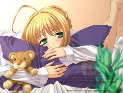 Rule 34 | 00s, 1girl, artoria pendragon (fate), barefoot, bed, blonde hair, blouse, fate/stay night, fate (series), female focus, green eyes, indoors, pillow, plant, saber (fate), sad, shirt, solo, stuffed animal, stuffed lion, stuffed toy, wallpaper, yoshida inuhito