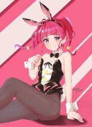 Rule 34 | 1girl, alternate costume, animal ears, black leotard, bow, bowtie, breasts, covered navel, detached collar, fake animal ears, fake tail, fishnet pantyhose, fishnets, hair ornament, highres, hoshina hikaru, leotard, looking at viewer, pantyhose, pink background, pink eyes, pink hair, playboy bunny, precure, rabbit ears, rabbit tail, saviour0329, side-tie leotard, sitting, small breasts, smile, star (symbol), star hair ornament, star twinkle precure, strapless, strapless leotard, tail, traditional bowtie, twintails, twitter username, wrist cuffs