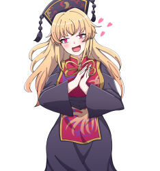 Rule 34 | 1girl, 584koyashi, :d, black dress, blonde hair, dress, headdress, heart, highres, junko (touhou), long hair, long sleeves, looking at viewer, open mouth, own hands together, red eyes, simple background, smile, solo, tabard, tassel, touhou, white background