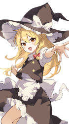 Rule 34 | 1girl, absurdres, apron, back bow, blonde hair, blush, bow, braid, brown eyes, commentary, frilled skirt, frills, hair bow, hat, hat bow, highres, kirisame marisa, long hair, looking at viewer, open mouth, outstretched arm, rakugaki ningen, short sleeves, side braid, skirt, skirt set, smile, solo, touhou, waist apron, witch hat