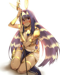 Rule 34 | 1girl, animal ears, dark-skinned female, dark skin, egyptian, egyptian clothes, facial mark, fate/grand order, fate (series), high heels, jewelry, kneeling, long hair, multicolored hair, nitocris (fate), nitocris (third ascension) (fate), purple eyes, smile, solo, staff, tan, tokiwa mmm, two-tone hair