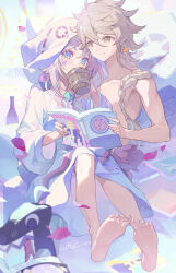 1boy 1girl absurdres aether_(genshin_impact) barefoot blonde_hair blue_eyes book bottle braid braided_ponytail brown_eyes citlali_(genshin_impact) closed_mouth clothed_female_nude_male commentary_request couple cup drinking earrings facial_mark facing_viewer falling_petals full_body genshin_impact hair_over_shoulder hetero highres holding holding_book holding_cup hood hood_up hooded_robe indoors jewelry long_hair morning nail_polish nude open_book petals pink_hair pink_pupils purple_nails reading robe signature sitting sitting_on_lap sitting_on_person smile sunlight tankard toenail_polish toenails toes triangle triangle_facial_mark twin_braids very_long_hair white_robe wine_bottle xinliu_asato