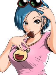 Rule 34 | 1girl, animal print, artist request, blue hair, candy, chocolate, chocolate heart, food, frog print, hand in own hair, heart, highres, may lee, pink shirt, shirt, short hair, simple background, solo, sunglasses, sunglasses on head, taberarerutour1, the king of fighters, white background