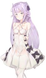 Rule 34 | 1girl, ahoge, arm behind back, azur lane, bare shoulders, black bow, black ribbon, blue eyes, blush, bow, breasts, cleavage, closed mouth, collarbone, commentary request, criss-cross halter, detached sleeves, dress, grayfox, hair bun, hair ribbon, halterneck, head tilt, highres, long hair, long sleeves, looking at viewer, medium breasts, one side up, purple hair, ribbon, see-through, side bun, simple background, single hair bun, single side bun, sleeves past wrists, solo, thighhighs, unicorn (azur lane), very long hair, white background, white dress, white thighhighs