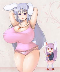 Rule 34 | 2girls, animal ears, armpits, arms up, breasts, female focus, highres, huge breasts, jewelry, long hair, multiple girls, necklace, necktie, no bra, oukadan, panties, purple hair, rabbit ears, rabbit tail, red eyes, reisen udongein inaba, school uniform, shoes, skirt, smile, socks, tail, thighs, tongue, tongue out, touhou, underwear, yagokoro eirin