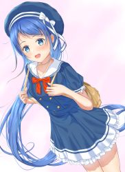 Rule 34 | 1girl, alternate costume, aomi one, backpack, bag, blue dress, blue eyes, blue hair, blue hat, cowboy shot, dress, gradient hair, hat, highres, kantai collection, long hair, looking at viewer, multicolored hair, open mouth, sailor collar, sailor dress, sailor hat, samidare (kancolle), solo, standing, swept bangs, very long hair, white sailor collar