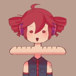 Rule 34 | 1girl, ahoge, baguette, black shirt, blush, bread, brown background, collared shirt, commentary, dann snail, drill hair, english commentary, food, hair between eyes, highres, kasane teto, loaf of bread, looking at viewer, medium hair, number tattoo, open mouth, red eyes, red hair, shirt, shoulder tattoo, simple background, sleeveless, smile, solo, straight-on, tattoo, throat bulge, twin drills, upper body, utau