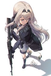 Rule 34 | 1girl, an-94, an-94 (girls&#039; frontline), animal, assault rifle, black gloves, blue eyes, breasts, cat, girls&#039; frontline, gloves, gun, hairband, highres, holding, holding gun, holding weapon, jacket, long hair, niac, parted lips, platinum blonde hair, rifle, solo, weapon
