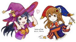 Rule 34 | 10s, 2girls, absurdres, artist name, blue hair, bow, bowtie, brown eyes, brown hair, card, detached sleeves, hands on headwear, hat, hat ribbon, heart, highres, jack-o&#039;-lantern, jester cap, kunikida hanamaru, long hair, looking at viewer, love live!, love live! school idol festival, love live! sunshine!!, multiple girls, open mouth, playing card, puffy short sleeves, puffy sleeves, purple eyes, reisth, ribbon, short sleeves, simple background, tsushima yoshiko, upper body, wand, white background, witch hat, wrist cuffs