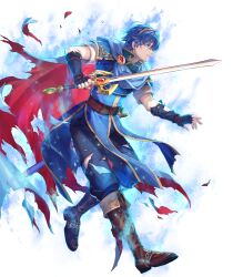 Rule 34 | 1boy, aura, blue aura, blue cape, blue eyes, blue hair, cape, damaged, fingerless gloves, fire emblem, fire emblem: mystery of the emblem, fire emblem engage, fire emblem heroes, floating, gloves, highres, marth (emblem) (fire emblem), marth (fire emblem), multicolored cape, multicolored clothes, nintendo, non-web source, red cape, solo, sword, tiara, torn cape, torn clothes, weapon