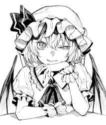 Rule 34 | 1girl, ascot, bat wings, commentary, greyscale, half-closed eye, hat, hat ribbon, iro marimo, looking at viewer, mob cap, monochrome, remilia scarlet, ribbon, short hair, short sleeves, solo, touhou, upper body, wings