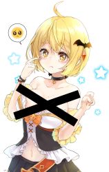 Rule 34 | 1girl, ahoge, aye, bar censor, bat hair ornament, blonde hair, blush, breasts, censored, cleavage, collarbone, emoji, hair ornament, heart, highres, hololive, large breasts, looking at viewer, navel, pleading face emoji, pointing, pointing at self, revealing clothes, short hair, smile, solo, spoken heart, tears, virtual youtuber, white background, yellow eyes, yozora mel, yozora mel (1st costume)
