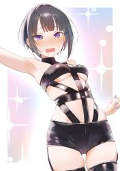 Rule 34 | 1girl, arm up, armpits, bare shoulders, black hair, blunt bangs, blush, bondage outfit, border, breasts, commentary request, cowboy shot, from below, highres, hot limit, idolmaster, idolmaster cinderella girls, looking at viewer, medium breasts, nail polish, open mouth, outside border, purple eyes, purple nails, revealing clothes, sakieko, shirayuki chiyo, short hair, sidelocks, skindentation, solo, standing, t.m.revolution, thigh strap, underboob, white border