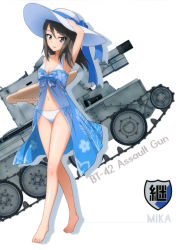 Rule 34 | 10s, 1girl, absurdres, arm up, armpits, barefoot, bikini, blue hat, blue ribbon, breasts, brown eyes, brown hair, bt-42, caterpillar tracks, cleavage, collarbone, floating hair, full body, girls und panzer, hair between eyes, harpsicord, hat, hat ribbon, highres, long hair, looking at viewer, mika (girls und panzer), military, military vehicle, motor vehicle, navel, ribbon, school uniform, shiny skin, simple background, small breasts, smile, solo, standing, sun hat, swimsuit, tank, white background, white bikini, white hat