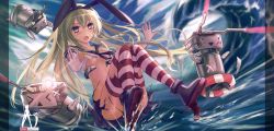 Rule 34 | &gt; &lt;, 10s, 1girl, black panties, blonde hair, closed eyes, elbow gloves, gloves, highres, kantai collection, lifebuoy, long hair, looking at viewer, panties, personification, rensouhou-chan, shimakaze (kancolle), socks, striped clothes, striped thighhighs, swim ring, thighhighs, underwear, wangchuan de quanyan, white gloves