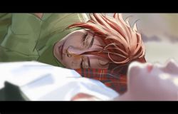 Rule 34 | 2girls, blurry, blurry background, blurry foreground, caitlyn (league of legends), closed eyes, closed mouth, green shirt, highres, hv 0519, league of legends, letterboxed, lying, multiple girls, nose piercing, on back, on side, piercing, pillow, plaid pillow, red hair, shirt, short hair, vi (league of legends), white shirt
