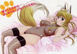Rule 34 | 00s, 1girl, animal ears, antenna hair, bare shoulders, bed, bed sheet, blonde hair, blush, bodysuit, breasts, breasts apart, covered navel, finger to mouth, fishnet thighhighs, fishnets, fox ears, fox tail, from side, groin, halterneck, highleg, highleg leotard, highres, huge filesize, indoors, kanokon, leotard, long hair, lying, magazine scan, minamoto chizuru, no nose, official art, on back, on bed, paw print, pillow, purple eyes, scan, see-through, see-through leotard, shiny clothes, solo, tail, takami akio, thighhighs, turtleneck