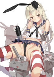 Rule 34 | 10s, 1girl, black panties, blonde hair, blush, brown eyes, elbow gloves, gloves, hairband, kantai collection, long hair, looking at viewer, mibu natsuki, panties, rensouhou-chan, shimakaze (kancolle), shirt, simple background, skirt, solo, spread legs, striped clothes, striped thighhighs, thighhighs, thong, torn clothes, torn shirt, torn skirt, torn thighhighs, torpedo, underwear, white background, white gloves