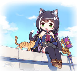 Rule 34 | 1girl, animal, animal ear fluff, animal ears, animal on lap, black hair, black thighhighs, blouse, blush, boots, cat, cat ears, cat girl, cat on lap, cat tail, chibi, day, detached sleeves, fang, foot dangle, green eyes, high heel boots, high heels, highres, karyl (princess connect!), langbazi, legs together, long hair, low twintails, multicolored hair, on lap, on wall, open mouth, outdoors, princess connect!, shirt, sitting, skin fang, sleeveless, sleeveless shirt, solo, sparkle, streaked hair, tail, thighhighs, thighhighs under boots, twintails, very long hair, white shirt