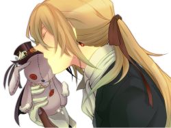 Rule 34 | 00s, 1boy, blonde hair, button eyes, buttons, closed eyes, doll, earrings, ftm513, gloves, hat, jewelry, kiss, long hair, male focus, object kiss, pandora hearts, ponytail, rabbit, semijima (ftm513), solo, stuffed animal, stuffed rabbit, stuffed toy, toy, vincent nightray, white gloves