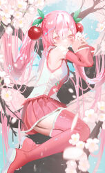 Rule 34 | 1girl, blush, boots, cherry, cherry blossoms, cherry hair ornament, commentary request, detached sleeves, flower, food, food-themed hair ornament, fruit, full body, hair between eyes, hair ornament, haruri, hatsune miku, highres, long hair, looking at viewer, necktie, own hands together, petals, pink eyes, pink footwear, pink hair, pink nails, pink necktie, pink skirt, pink sleeves, pink theme, pink thighhighs, sakura miku, shiny clothes, shirt, skirt, sleeveless, smile, solo, thigh boots, thighhighs, tree, twintails, very long hair, vocaloid