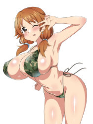 Rule 34 | 1girl, bikini, breasts, brown eyes, brown hair, cleavage, hand on own hip, highres, idolmaster, idolmaster cinderella girls, katagiri sanae, large breasts, leaning forward, legs, looking at viewer, low twintails, navel, one eye closed, smile, swimsuit, thighs, thong, tongue, tongue out, twintails, v, wink