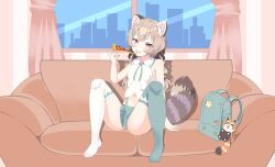 Rule 34 | 1girl, absurdres, animal ears, backpack, bag, brown hair, building, cityscape, commission, couch, curtains, feet, food, glass, hair ornament, hairclip, highres, kiniro tofu, knees, komachi panko, navel, panda, panda ears, panda tail, phase connect, pizza, pizza slice, red eyes, shirt, short hair, skirt, star (symbol), teeth, thick eyebrows, thighhighs, thighs, toes, twintails, virtual youtuber, wall, window