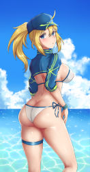 Rule 34 | 1girl, artoria pendragon (fate), ass, back, baseball cap, bikini, blonde hair, blue eyes, blue hat, blue sky, blush, breasts, butt crack, closed mouth, cloud, day, fate/grand order, fate (series), from behind, hair between eyes, hair through headwear, hat, head tilt, highres, horizon, large breasts, long hair, long sleeves, looking at viewer, looking back, mysterious heroine x (fate), mysterious heroine xx (fate), ocean, parted lips, ponytail, ray (zxasqw66), shiny skin, shrug (clothing), side-tie bikini bottom, sidelocks, sky, solo, sparkle, standing, summer, swimsuit, thigh strap, white bikini, wristband