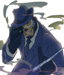 Rule 34 | 1boy, 22 (tak ja), animification, bad id, bad pixiv id, blu spy (tf2), blue eyes, cigarette, fancy fedora, fedora, formal, gloves, grin, hat, icicle, le party phantom, looking at viewer, male focus, mask, necktie, simple background, smile, smoke, solo, spy-cicle, spy (tf2), suit, team fortress 2, weapon, white background