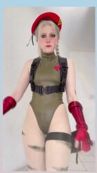 Rule 34 | 1girl, animated, ass, audible music, bare legs, bare shoulders, blonde hair, blue eyes, braid, brazilian (nationality), breasts, cammy white, cammy white (cosplay), clenched hands, cosplay, curvy, fingerless gloves, freckles, gloves, grin, happy, hat, highleg, highleg leotard, highres, leotard, long hair, medium breasts, memepantazis, pale skin, photo (medium), real life, scar, scar on face, sleeveless, smile, sound, street fighter, street fighter 6, tagme, tongue, tongue out, twin braids, v, video, walking, wide hips