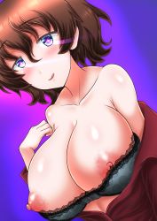 Rule 34 | 1girl, absurdres, akaboshi koume, artist request, bare shoulders, black bra, blue eyes, blush, bra, breasts, brown hair, collarbone, girls und panzer, highres, large breasts, licking lips, looking at viewer, nipples, puffy areolae, puffy nipples, red shirt, shirt, short hair, tongue, tongue out, underwear, undressing