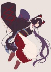 Rule 34 | 1girl, animal ears, black hair, blush, closed mouth, dog ears, dog girl, dog hair ornament, flat color, flower, from side, full body, hair flower, hair ornament, heterochromia, highres, inui toko, japanese clothes, jumping, kimono, long hair, long sleeves, maid, maid headdress, nijisanji, obi, open mouth, red eyes, red footwear, sash, simple background, smile, solo, talunilu uu3, twintails, very long hair, virtual youtuber, wa maid