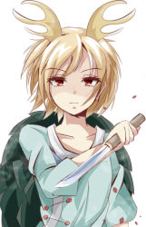 Rule 34 | 1girl, antlers, blonde hair, blue shirt, breasts, closed mouth, collarbone, commentary request, dragon horns, hand up, highres, holding, holding knife, horns, kakineko, kicchou yachie, knife, looking at viewer, red eyes, serious, shirt, short hair, simple background, sleeves past wrists, small breasts, solo, touhou, turtle shell, upper body, white background