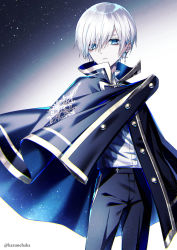 Rule 34 | 1boy, black pants, blue background, blue eyes, cape, closed mouth, cross, cross earrings, earrings, facing viewer, gradient background, grey hair, highres, jewelry, kazunehaka, long sleeves, looking to the side, male focus, original, pants, shirt, solo, white background, white hair, white shirt