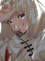 Rule 34 | 1boy, blonde hair, blood, blood on clothes, blood on face, diamond hairband, eiki (eikityou 55), fate/grand order, fate (series), fingernails, grey eyes, highres, looking at viewer, male focus, oberon (fate), open mouth, shirt, short hair, solo, sweatdrop, upper body, white shirt, wiping face